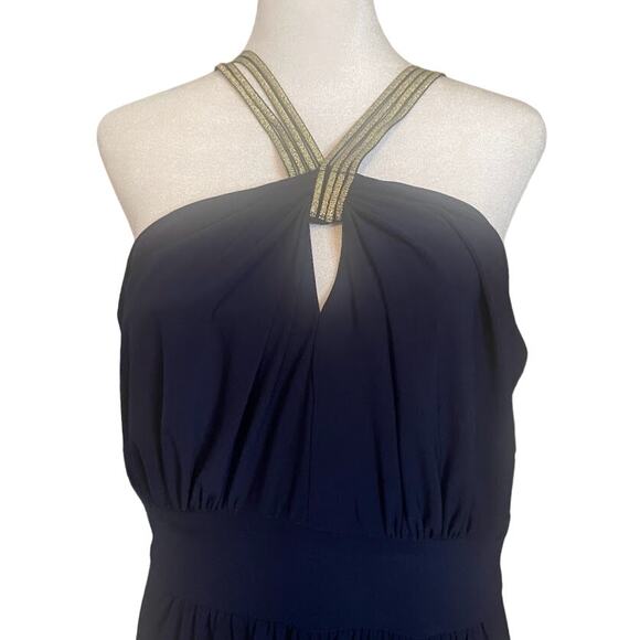 B. Smart Navy Gold Trim Halter Neck Dress Size 14W - Picture 2 of 5
